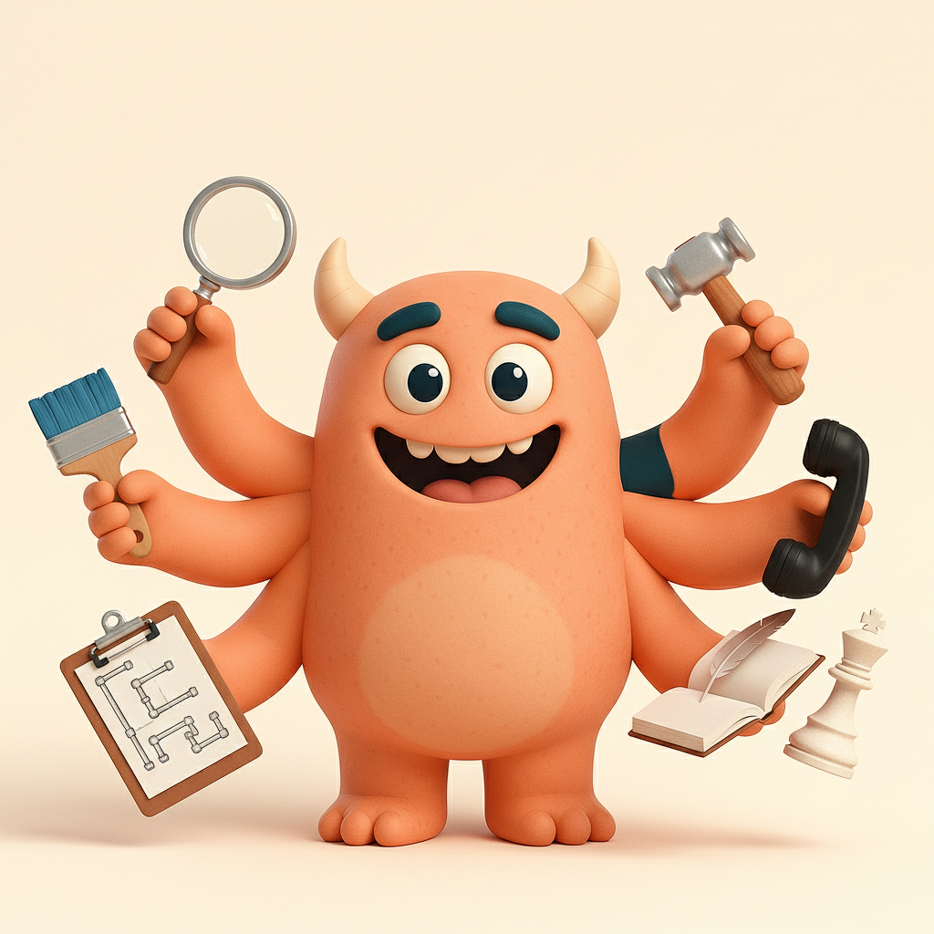 Das digital M.onster mit acht Armen, jeder hält ein Tool, symbolisiert die AI-Team-Spezialitäten